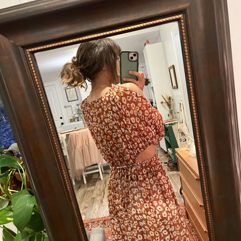 Anthropologie Sheer Burnt Orange Floral Maxi Dress - Picture 3 of 6